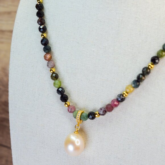 Tourmaline & King Size Edison Pearl Pendant Necklace 19" - Picture 4 of 11